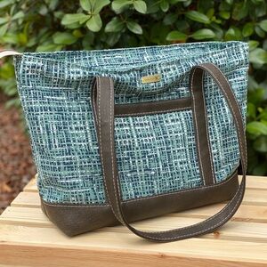 Stylish Blue Green Hatch Patterned and Faux Leather Brown Tote Bag